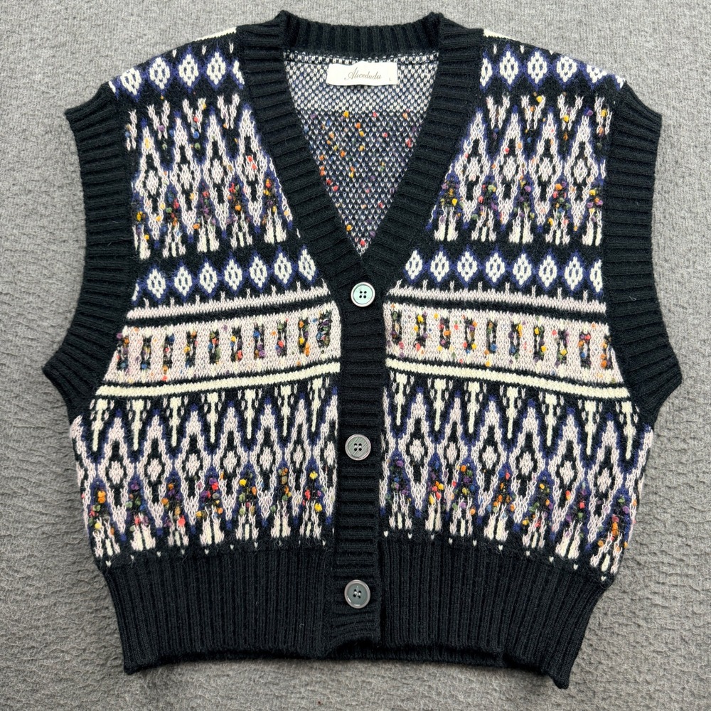 Alicedudu Sweater Vest Women's L Black Isle Geometric Button Front Knit Cardigan